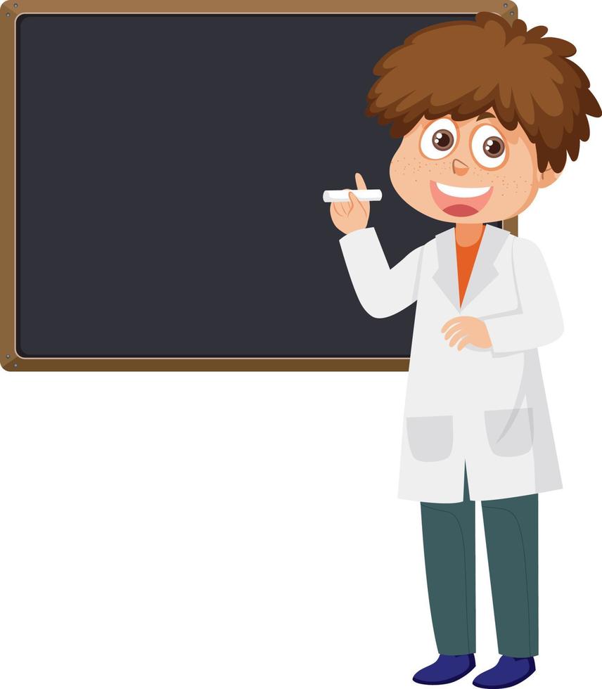Cute scientist cartoon character with blank blackboard vector