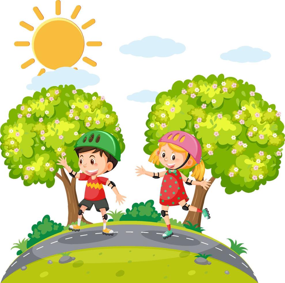 Children riding on roller skates at park vector