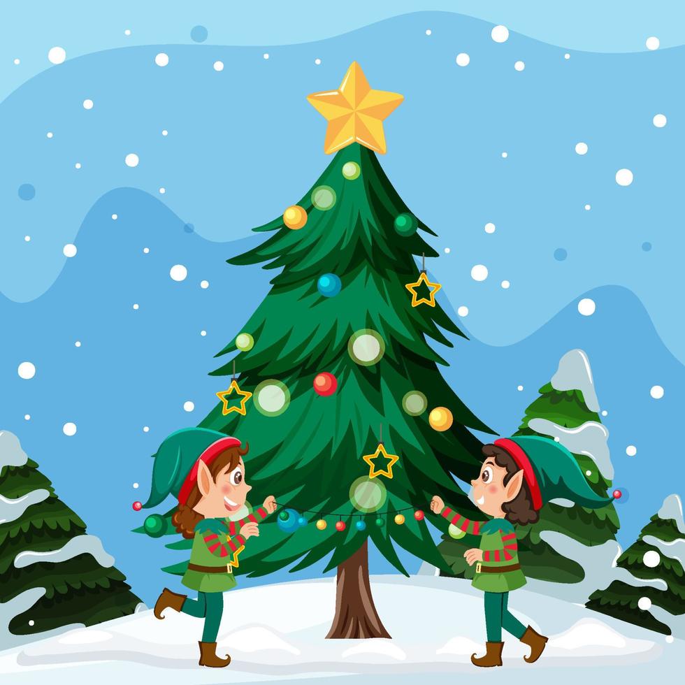 Christmas background with elves and Christmas tree vector