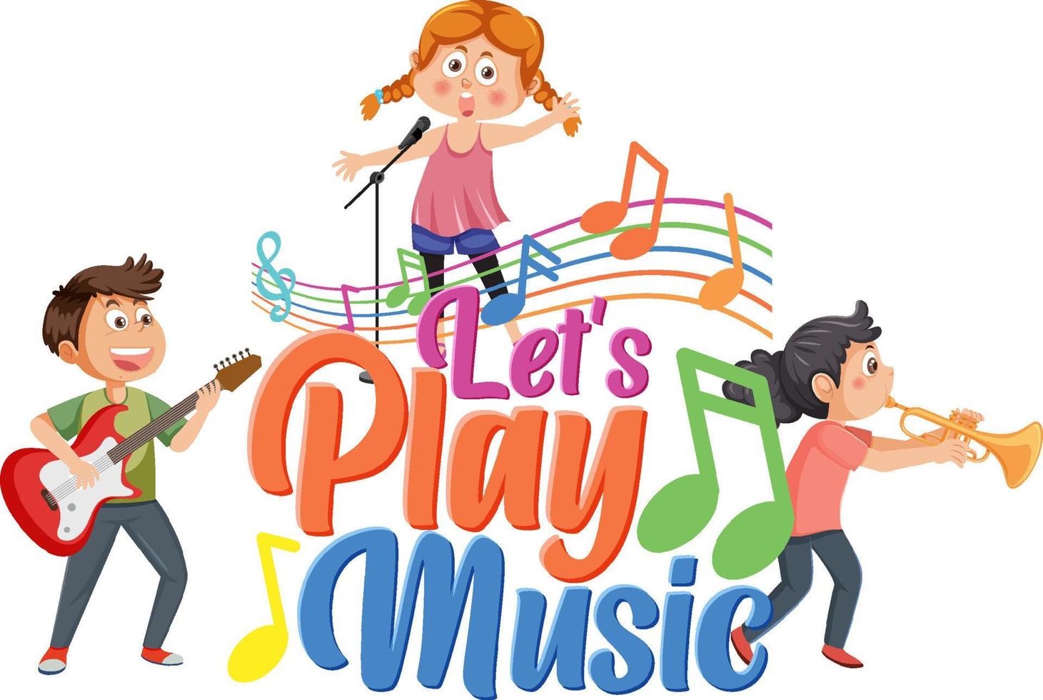 Lets play music text with children playing musical instrument vector