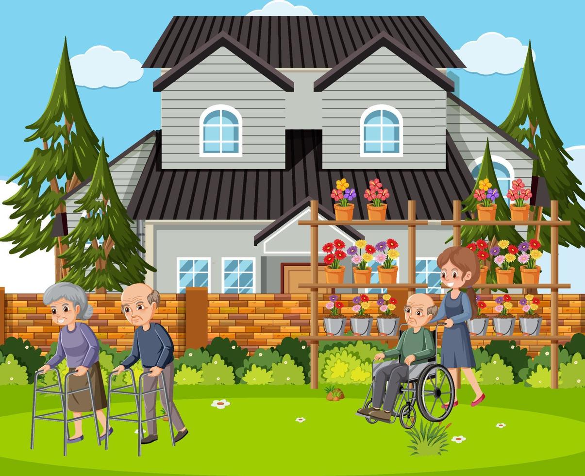 Elderly people with caregiver at backyard vector