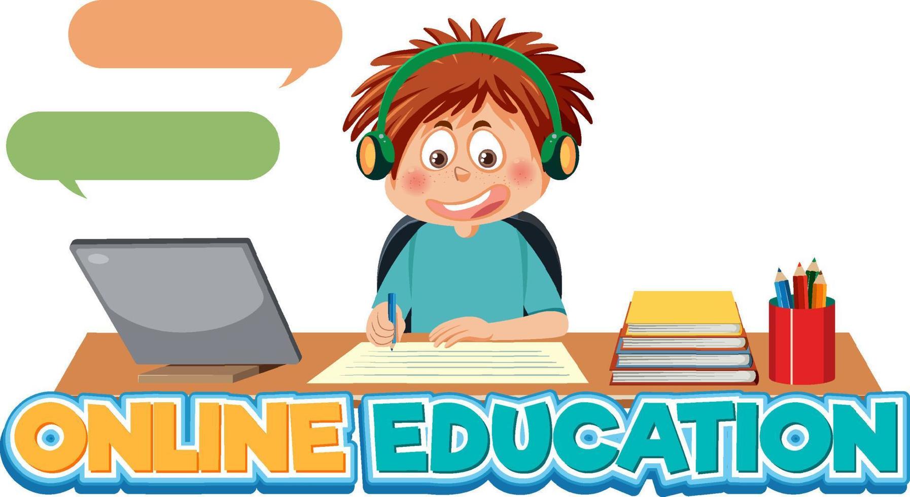 Online education word with a boy doing homework vector