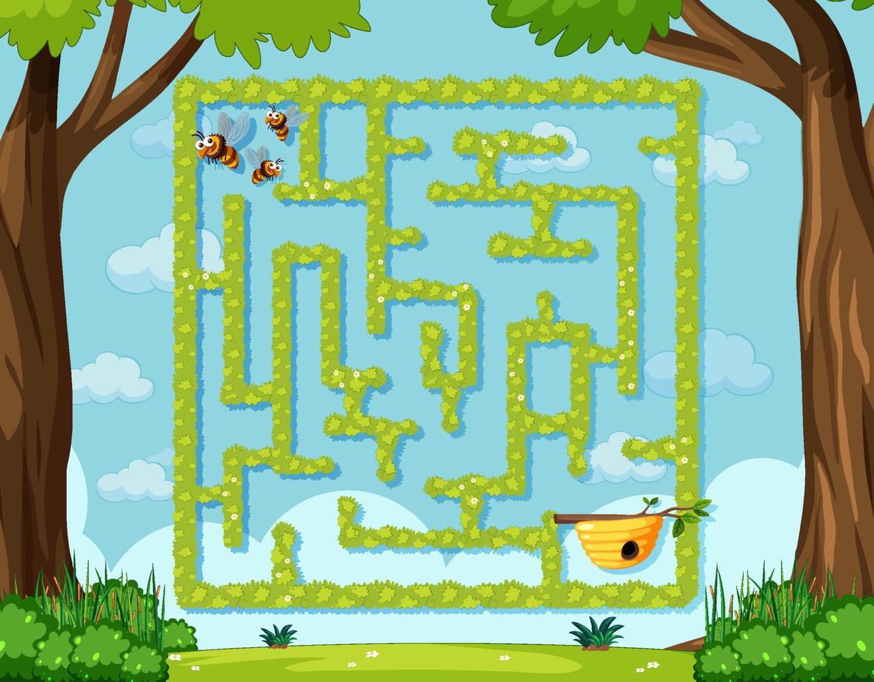 Maze game template in honeybee theme for kids vector