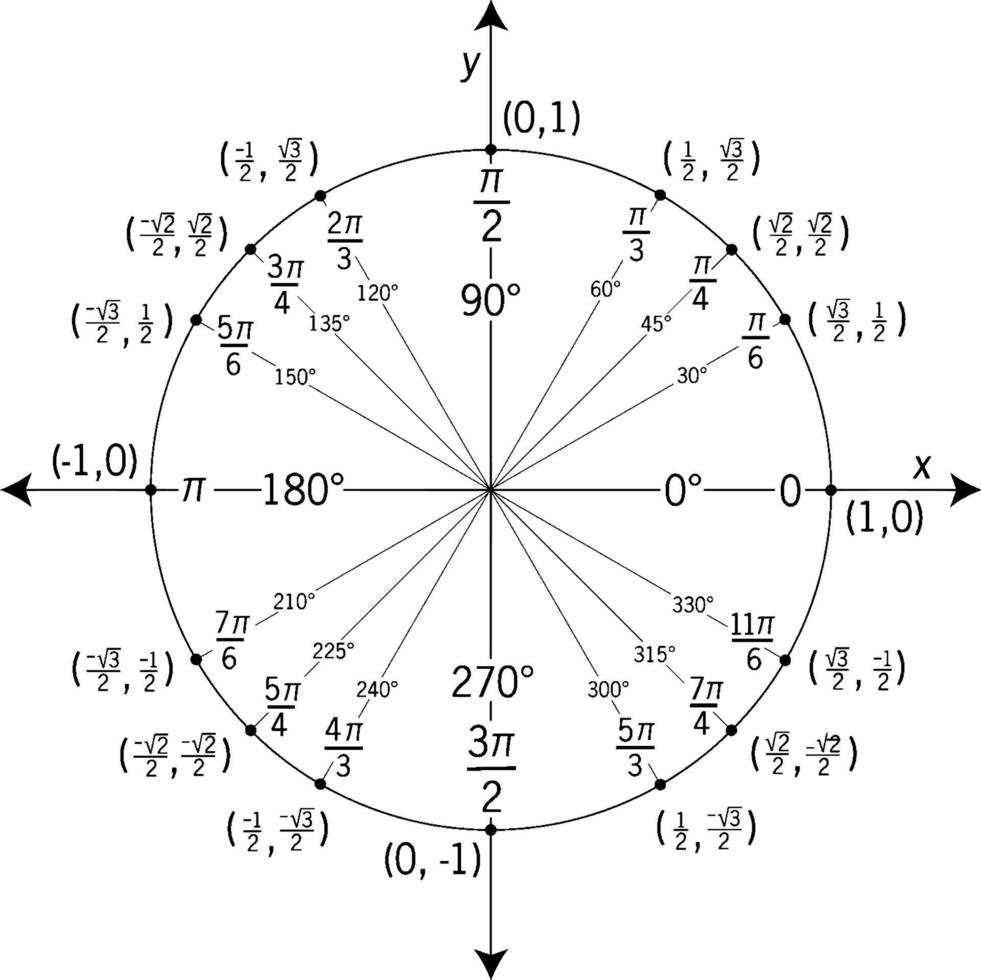 Unit Circle labelled With Special Angles And Values, vintage illustration vector