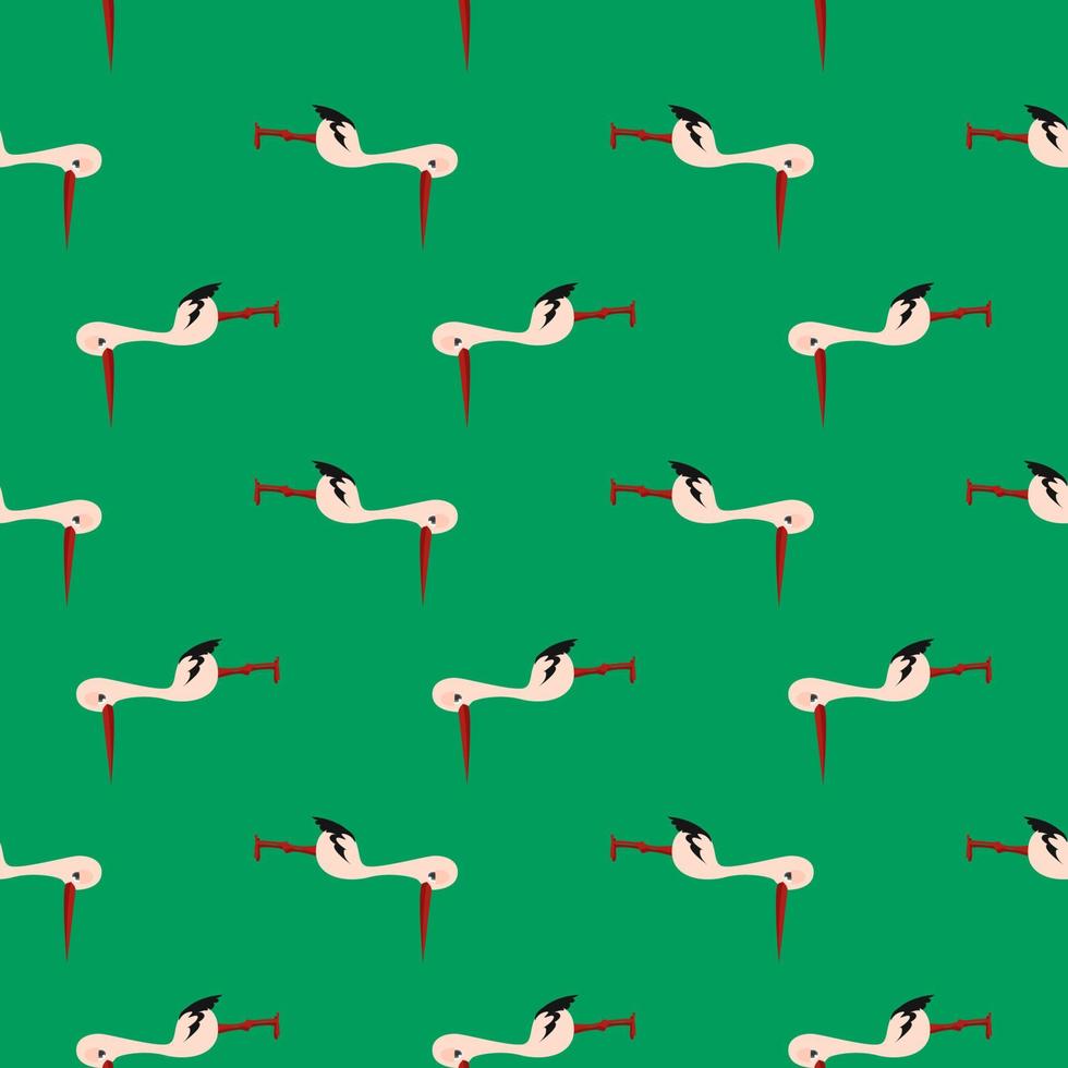 Small stork bird,seamless pattern on green background. vector