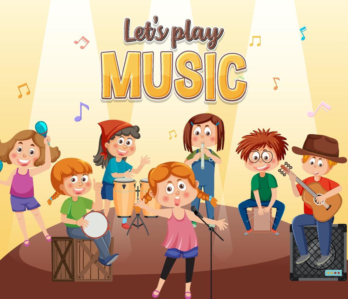 Lets play music text with children music band vector
