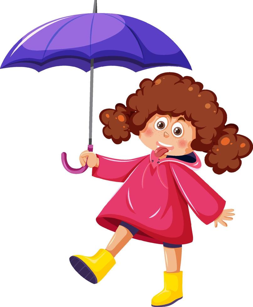 Happy girl in raincoat holding umbrella vector