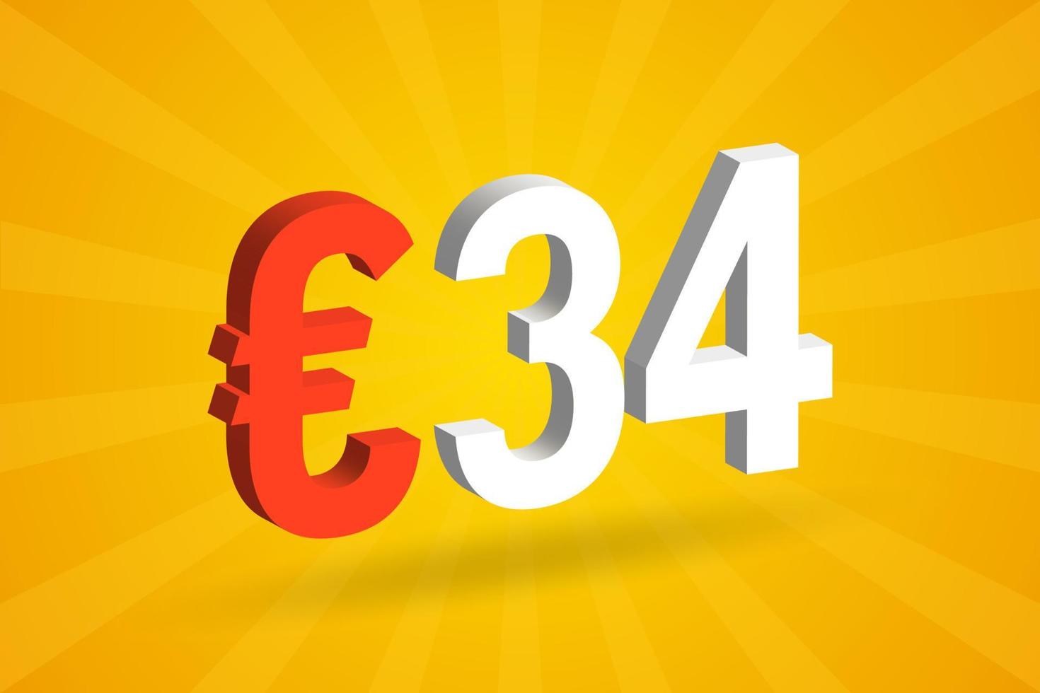 34 Euro Currency 3D vector text symbol. 3D 34 Euro European Union Money stock vector