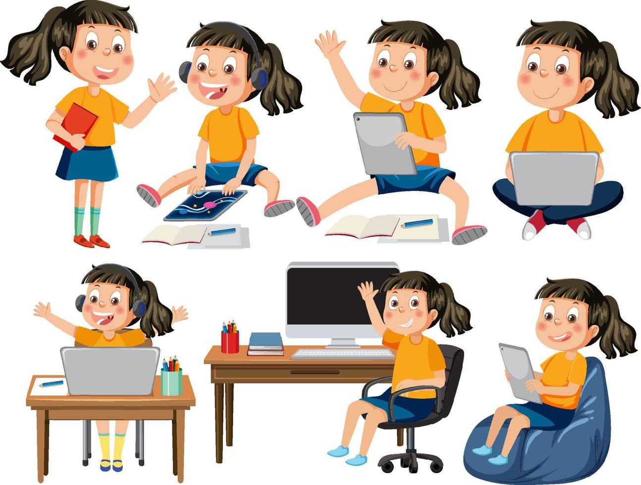 Set of kids using tablet and laptop vector