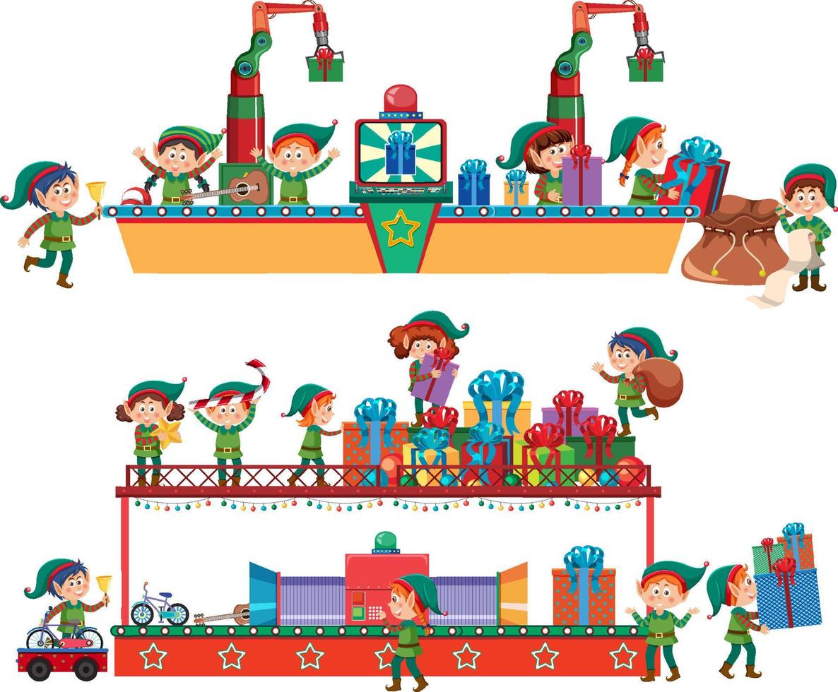 Elves making Christmas presents vector