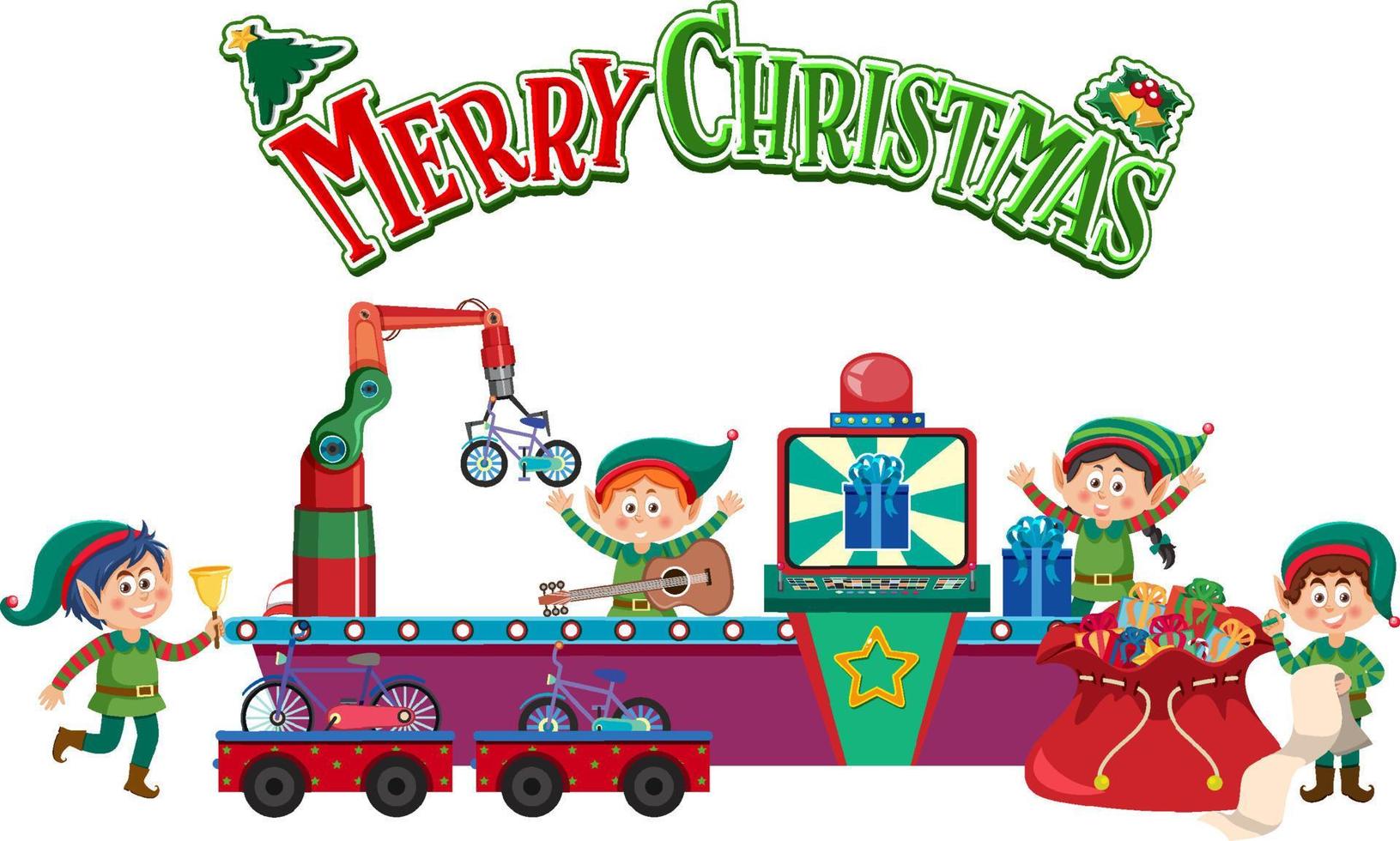 Merry Christmas text with elves making Christmas present vector