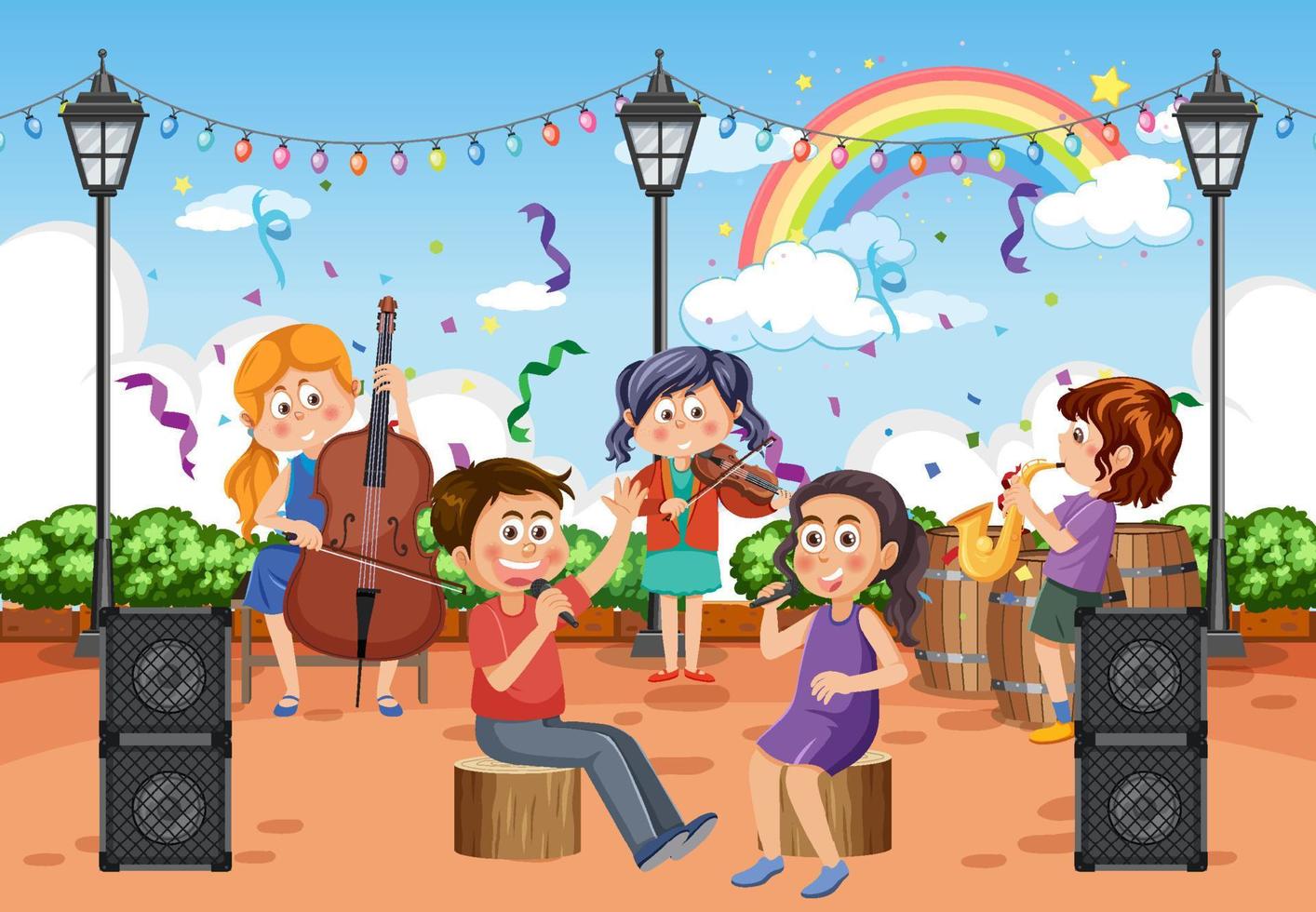 banda de música infantil tocando instrumento musical vector