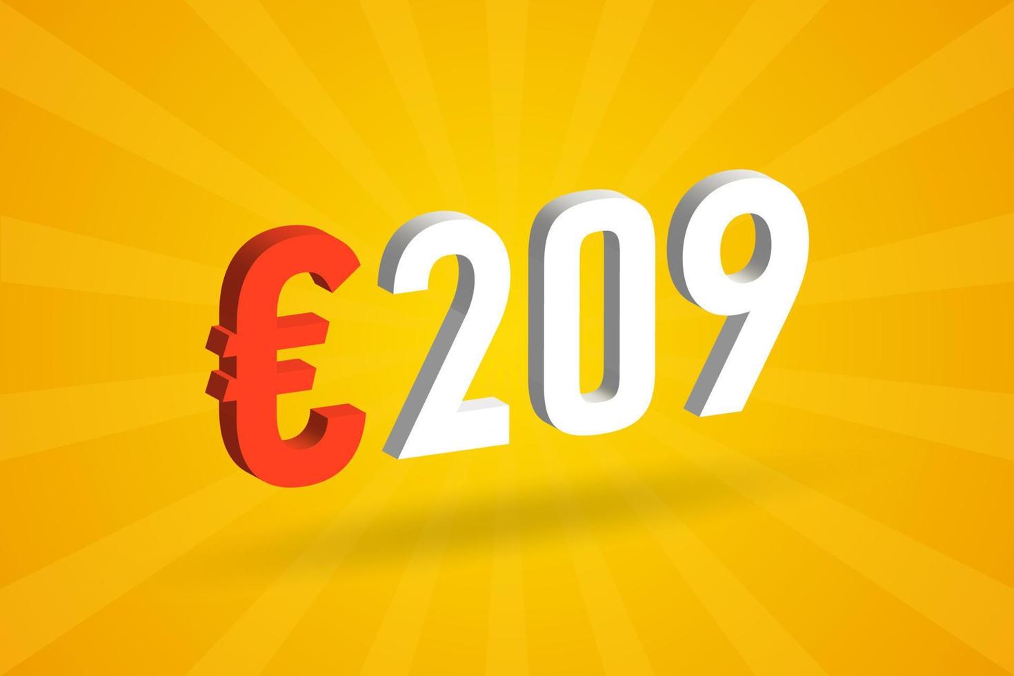 209 Euro Currency 3D vector text symbol. 3D 209 Euro European Union Money stock vector