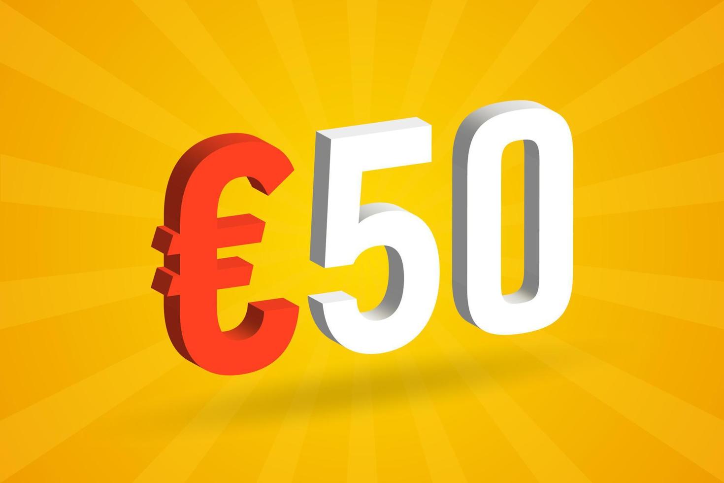 50 Euro Currency 3D vector text symbol. 3D 50 Euro European Union Money stock vector