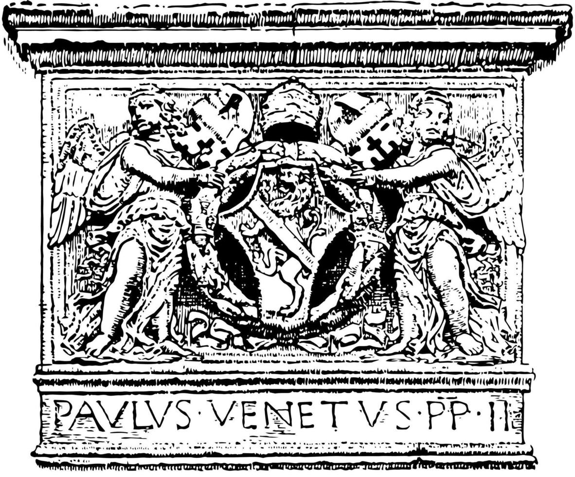 Paul II have a lion and soldures image, vintage engraving. vector