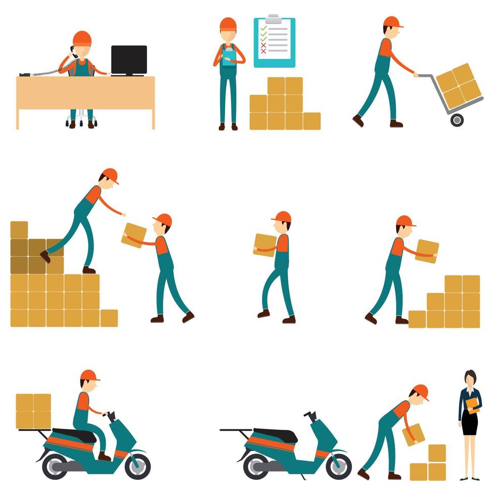 set flat vector character business logistic and shipping step process concept with business team working