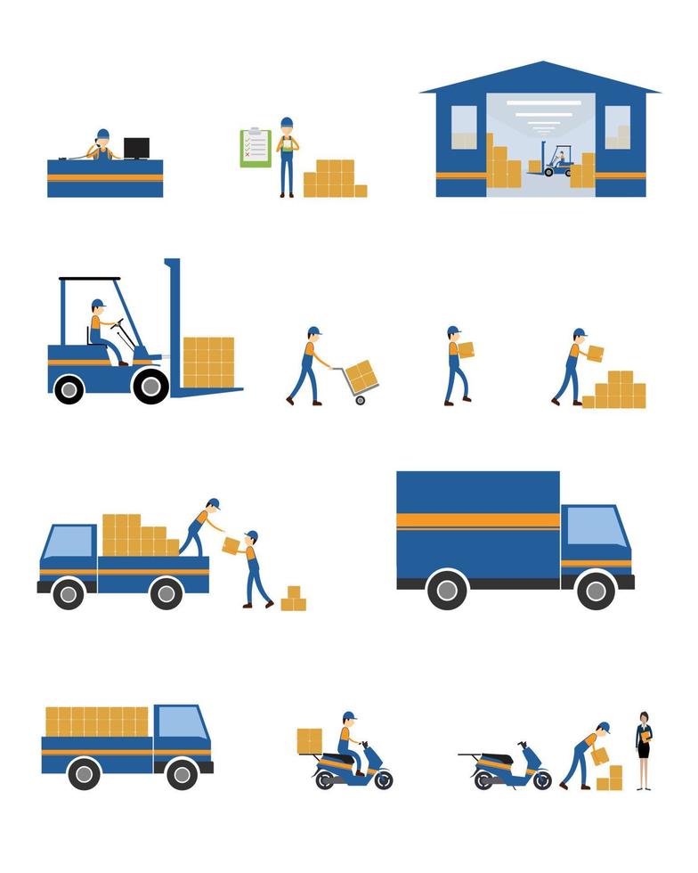 set flat vector character business logistic and shipping step process concept with business team working