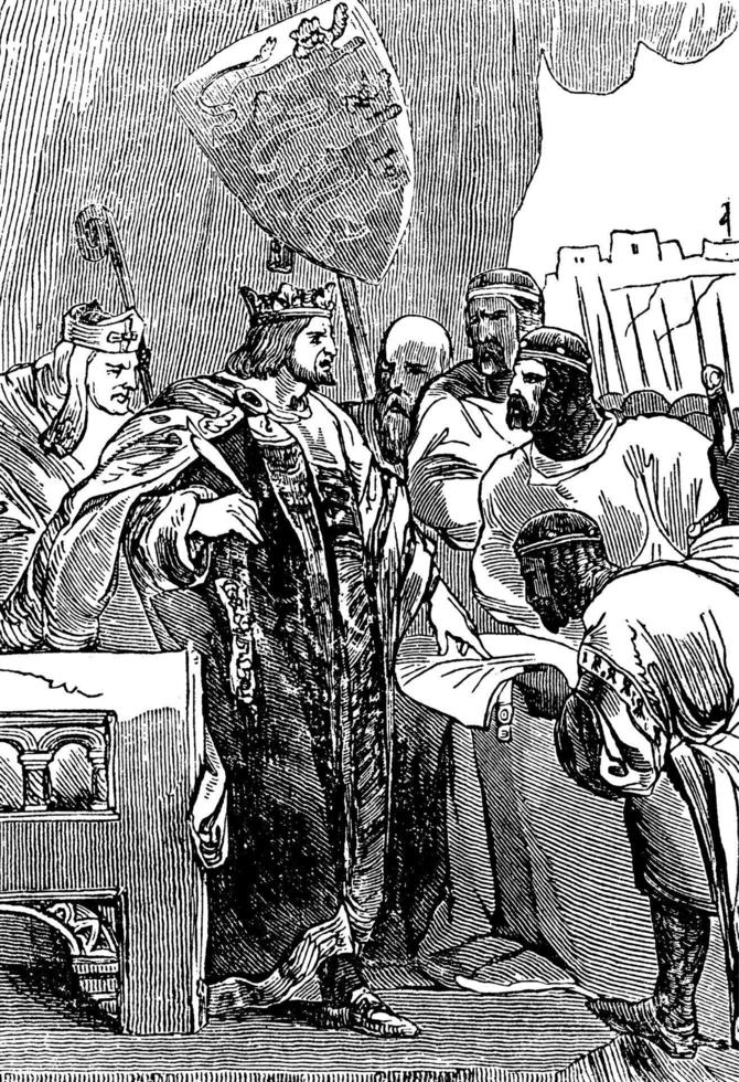 King John signing the Magna Carta, vintage illustration. vector