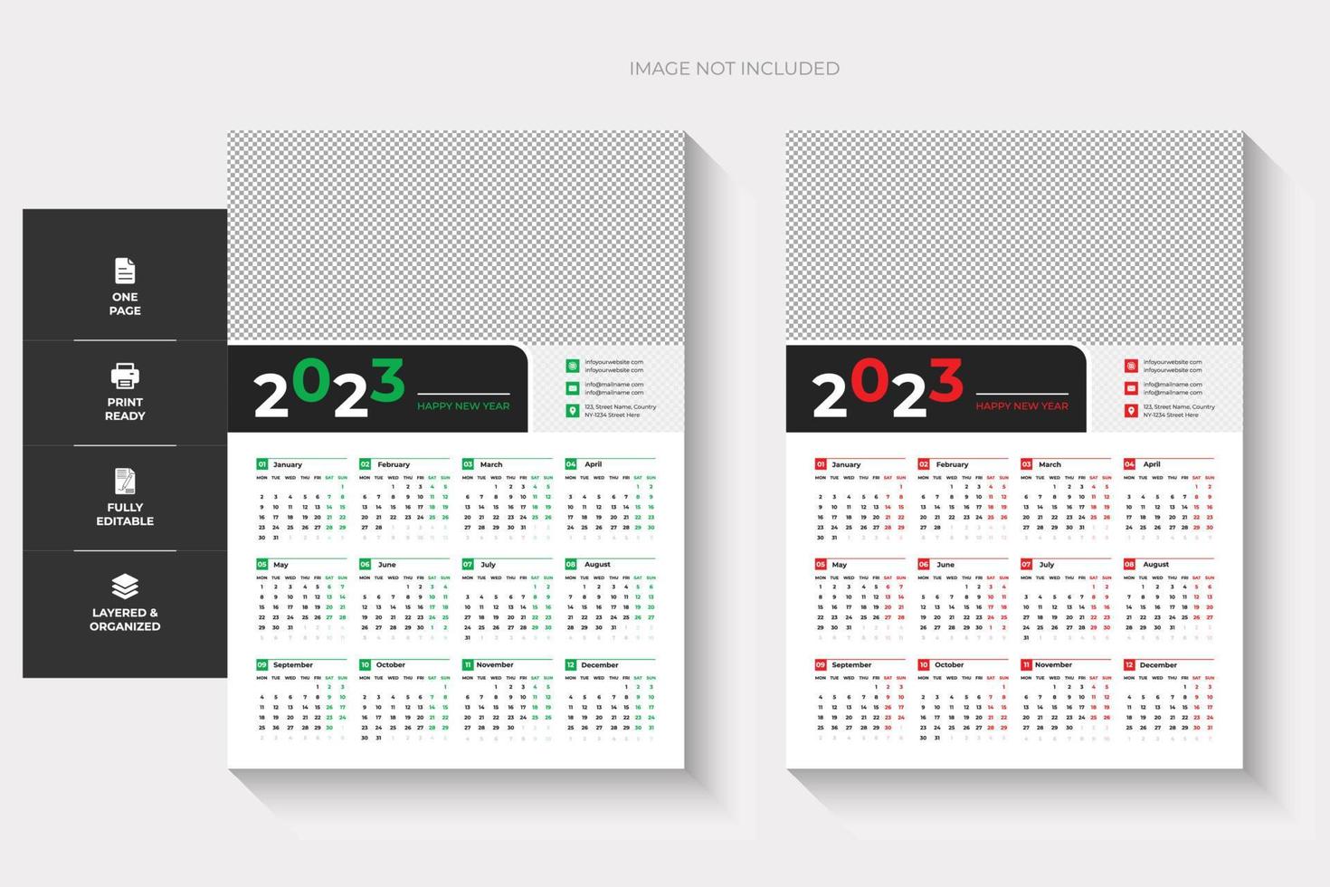 Calendario de pared de una página 2023, dos colores y diseño creativo vector