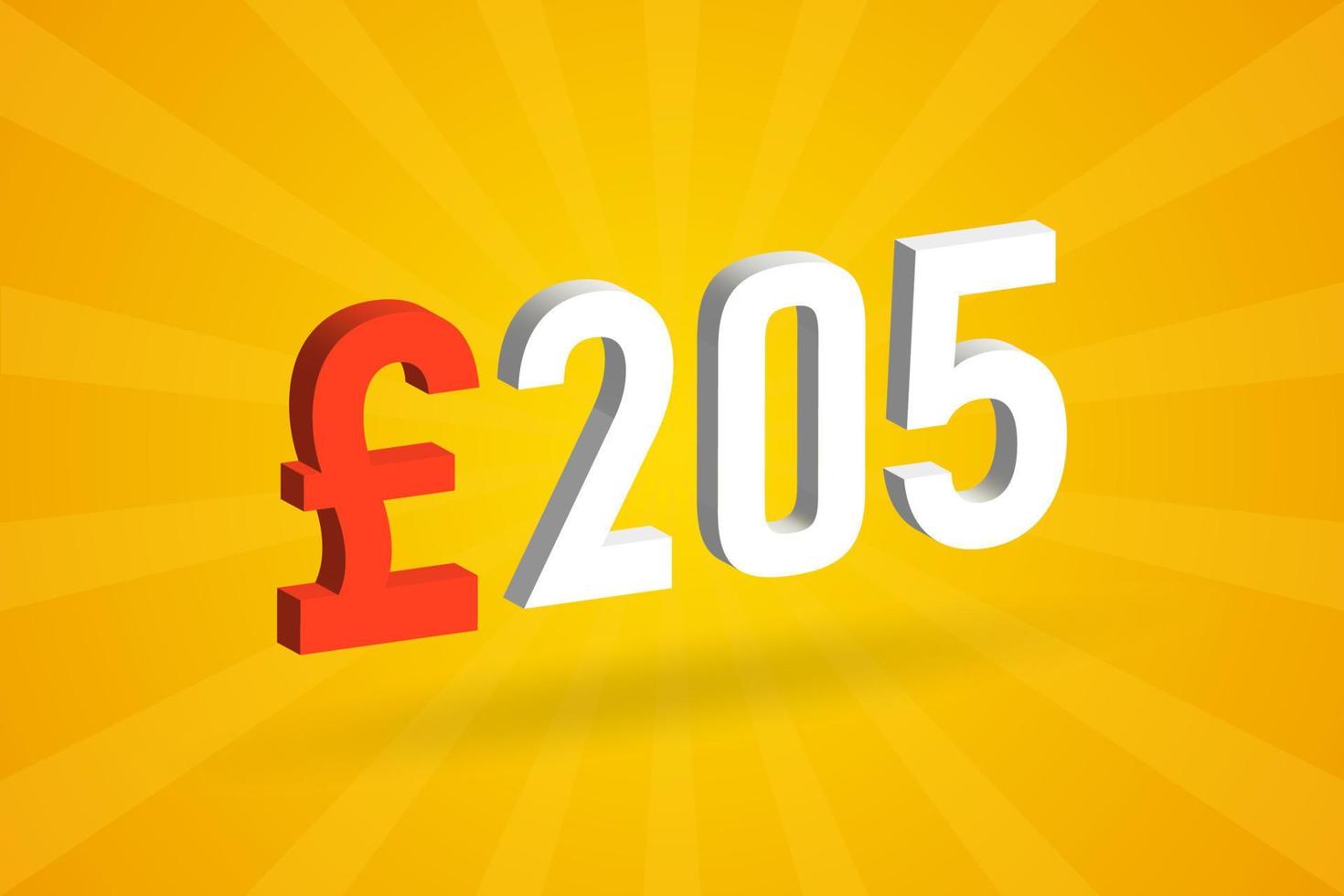 205 Pound Currency 3D vector text symbol. 3D 205 British Pound Money stock vector