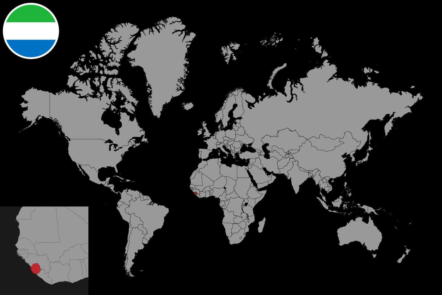 Pin map with Sierra Leone flag on world map. Vector illustration.