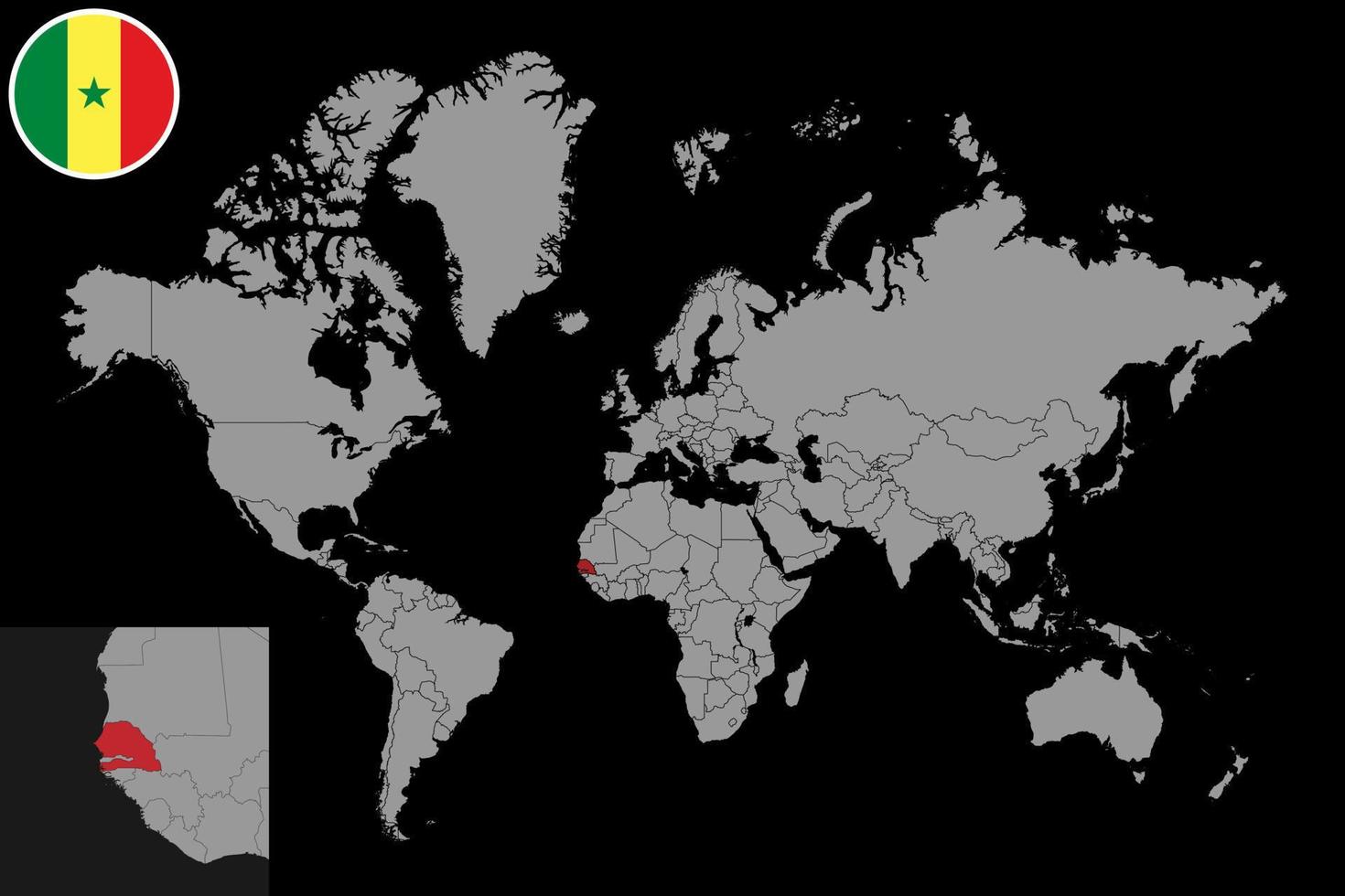 Pin map with Senegal flag on world map. Vector illustration.
