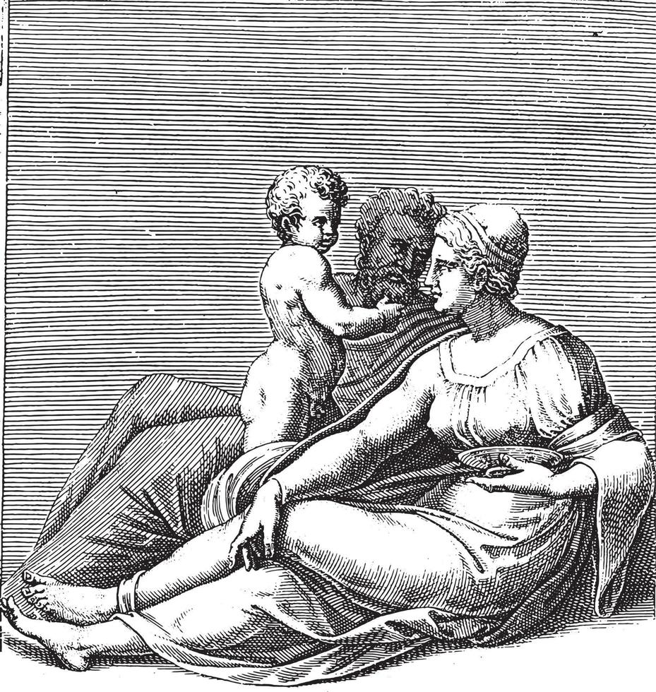 Woman and Man with a Child, Adamo Scultori, after Michelangelo, 1585, vintage illustration. vector