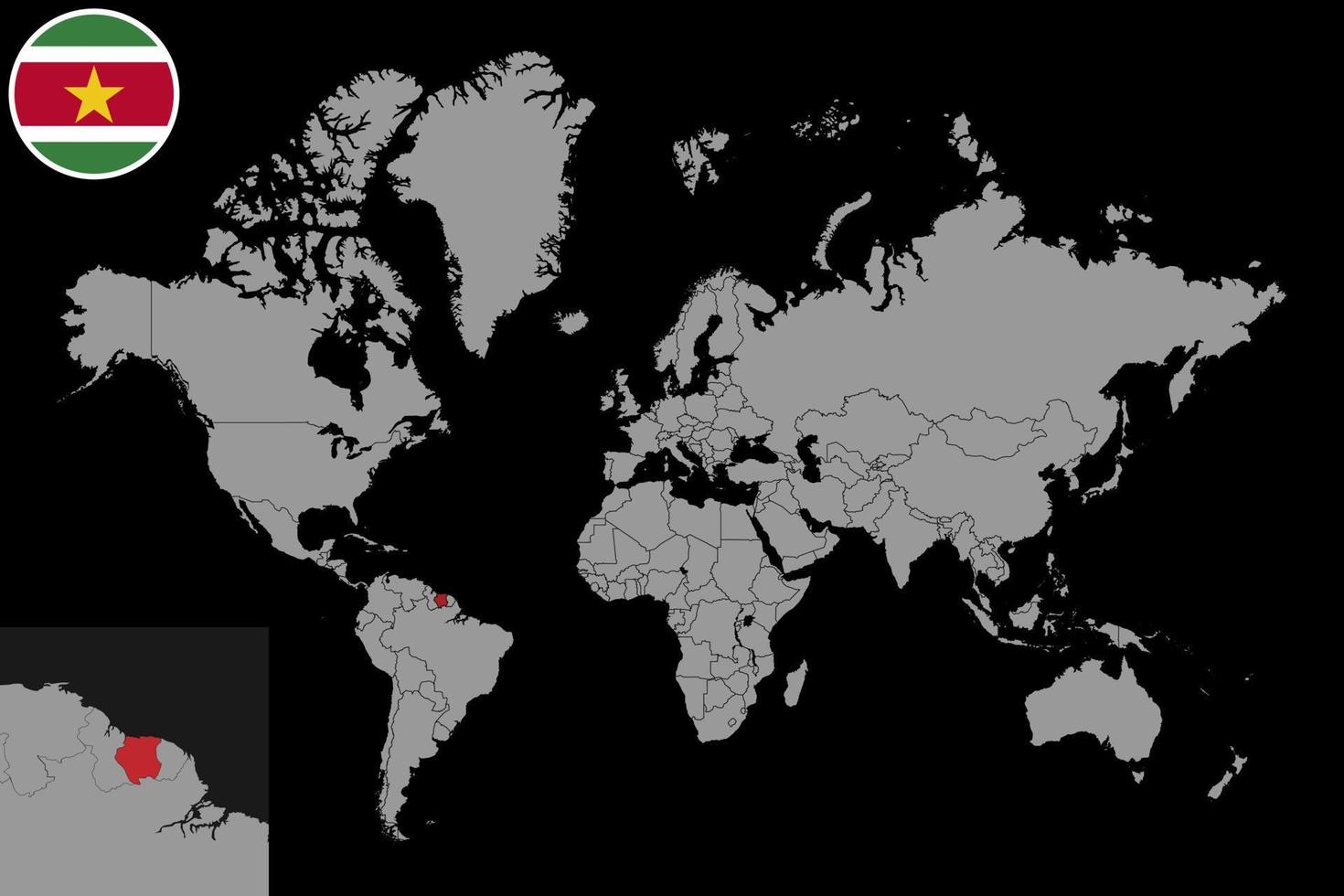 pin mapa con la bandera de surinam en el mapa mundial. ilustración vectorial vector
