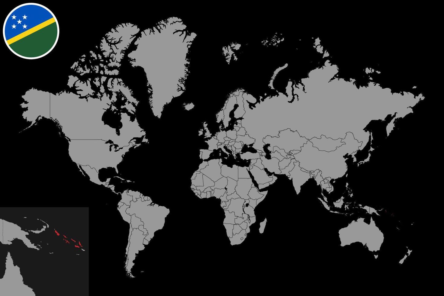 Pin map with Solomon Islands flag on world map. Vector illustration.