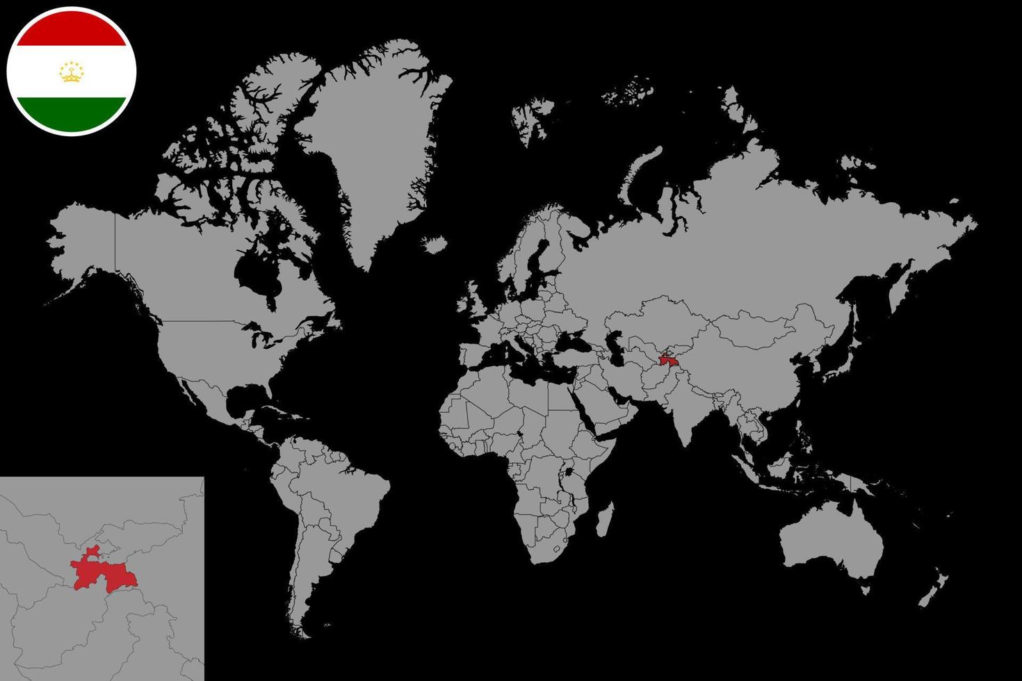 Pin map with Tajikistan flag on world map. Vector illustration.