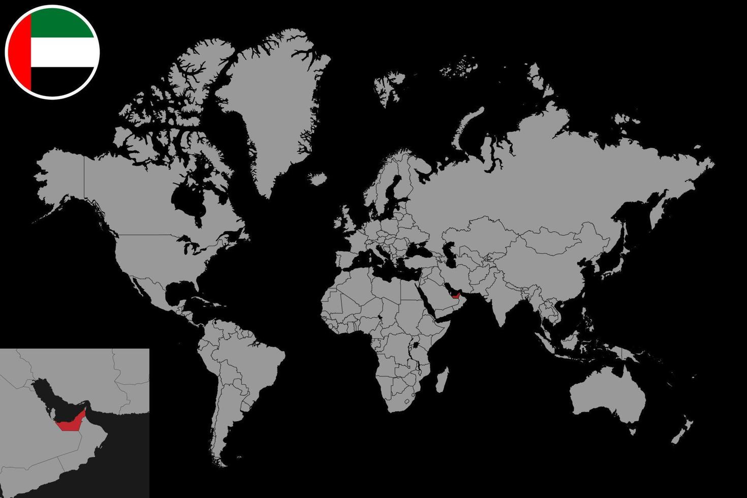 pin mapa con la bandera de los emiratos árabes unidos en el mapa mundial. ilustración vectorial vector