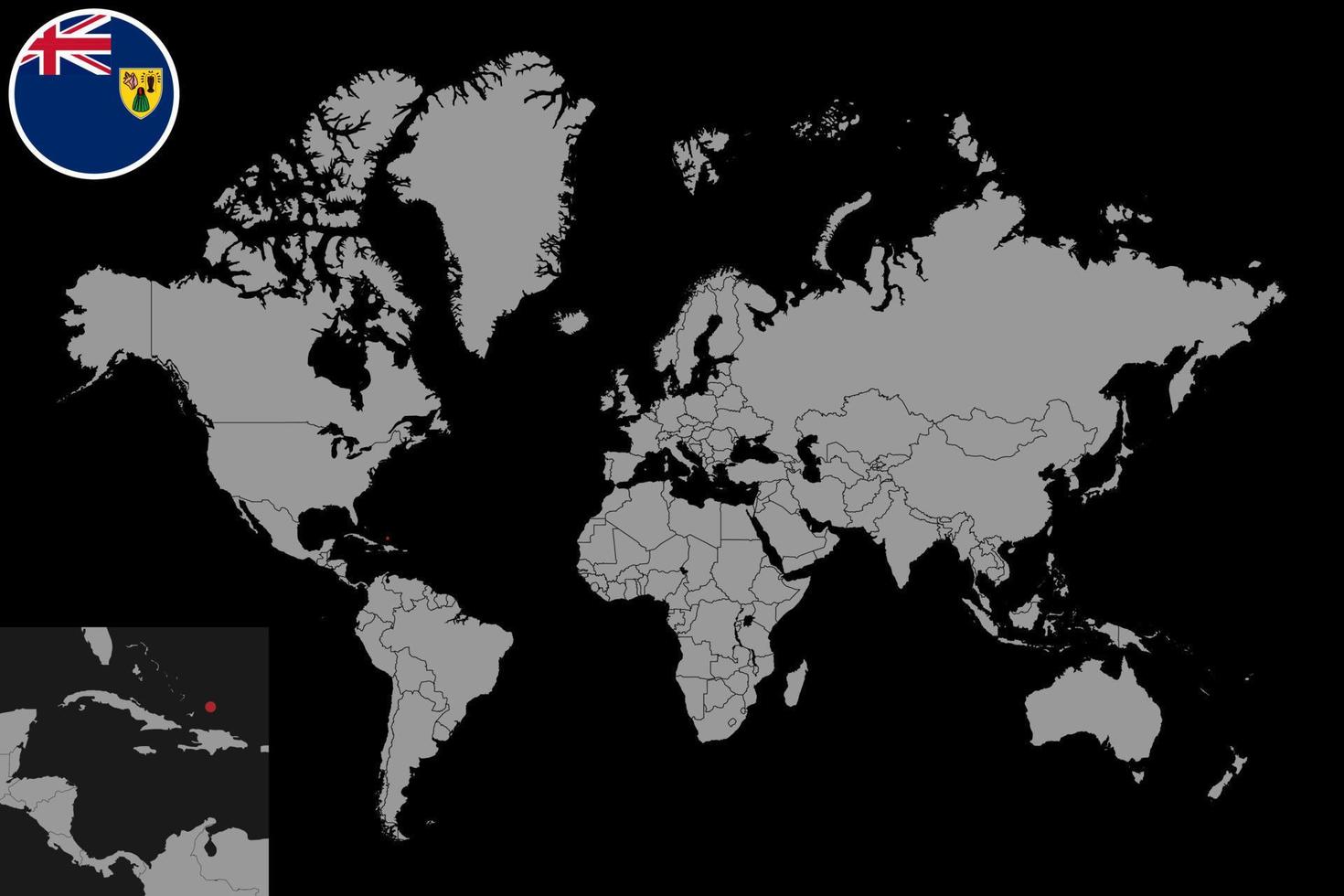 pin mapa con la bandera de las islas turcas y caicos en el mapa mundial. ilustración vectorial vector