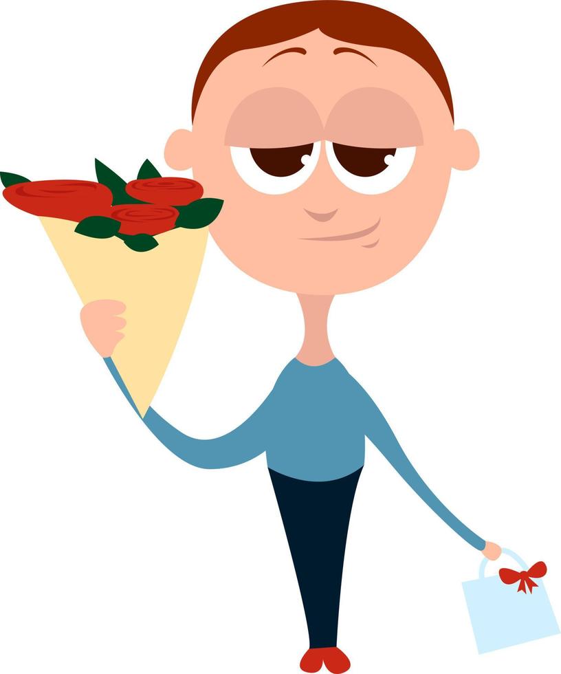 Boy with flowers, illustration, vector on white background.