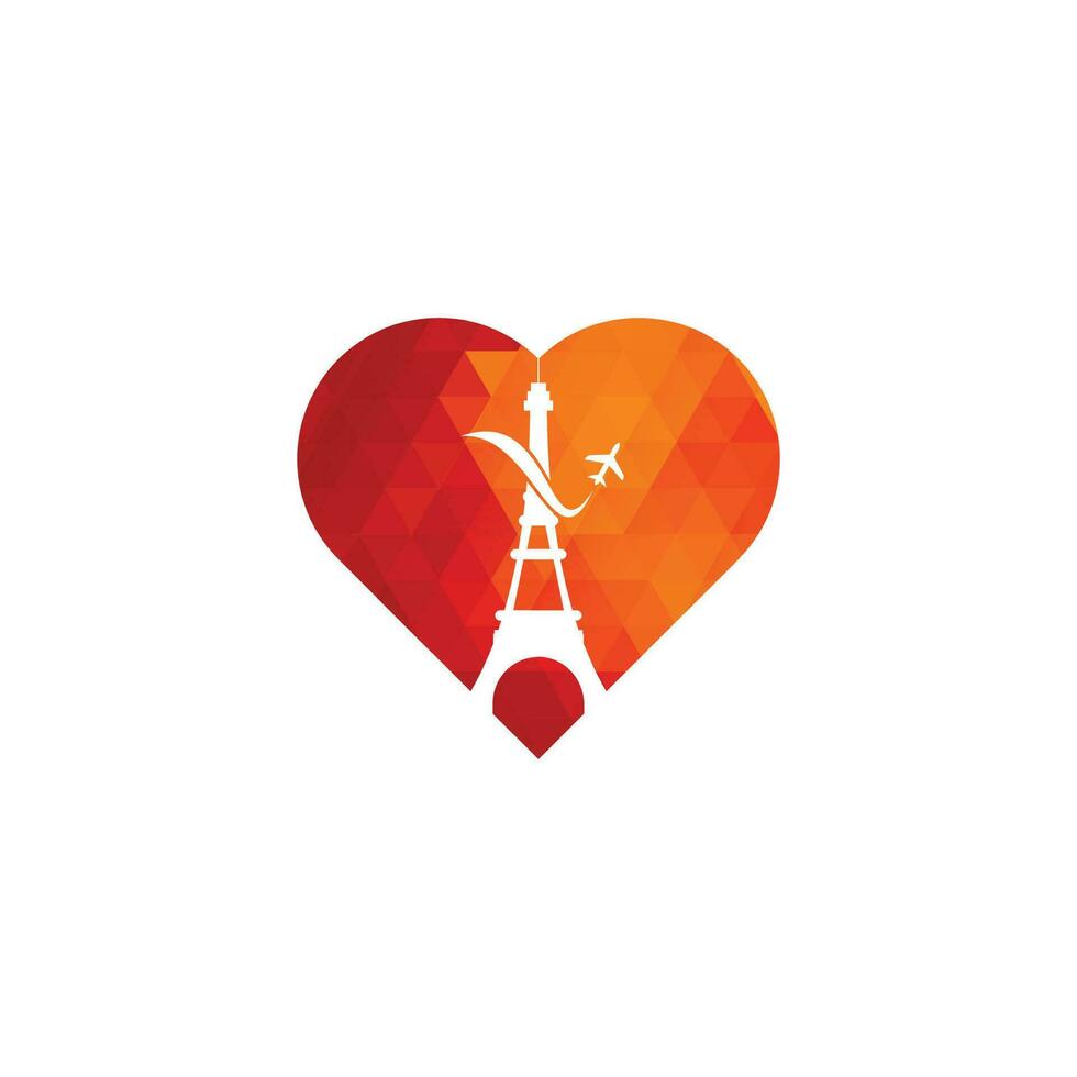 France Travel heart shape concept Logo design. Paris eiffel tower with plane for travel logo design vector