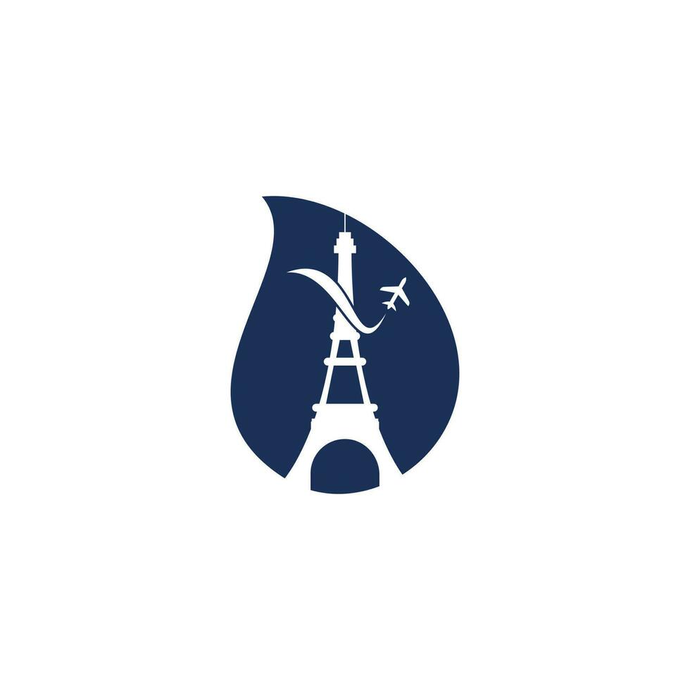 Diseño del logotipo del concepto de forma de gota de viaje de Francia. torre eiffel de parís con diseño de logotipo de avión para viajes vector