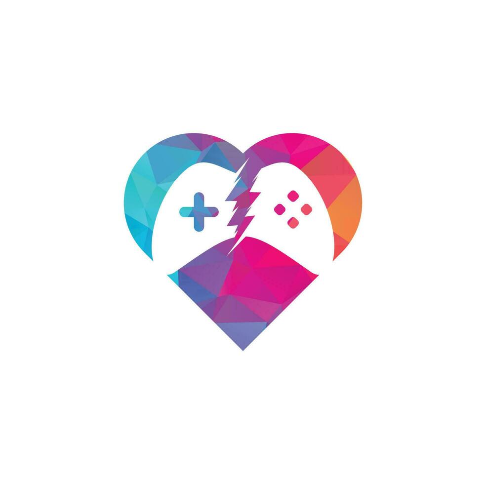 Diseño de logotipo de concepto de forma de corazón de juego de truenos. control del juego con el logotipo del icono del rayo vector