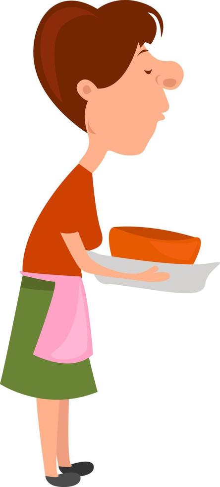 Señora sosteniendo un pastel, ilustración, vector sobre fondo blanco.