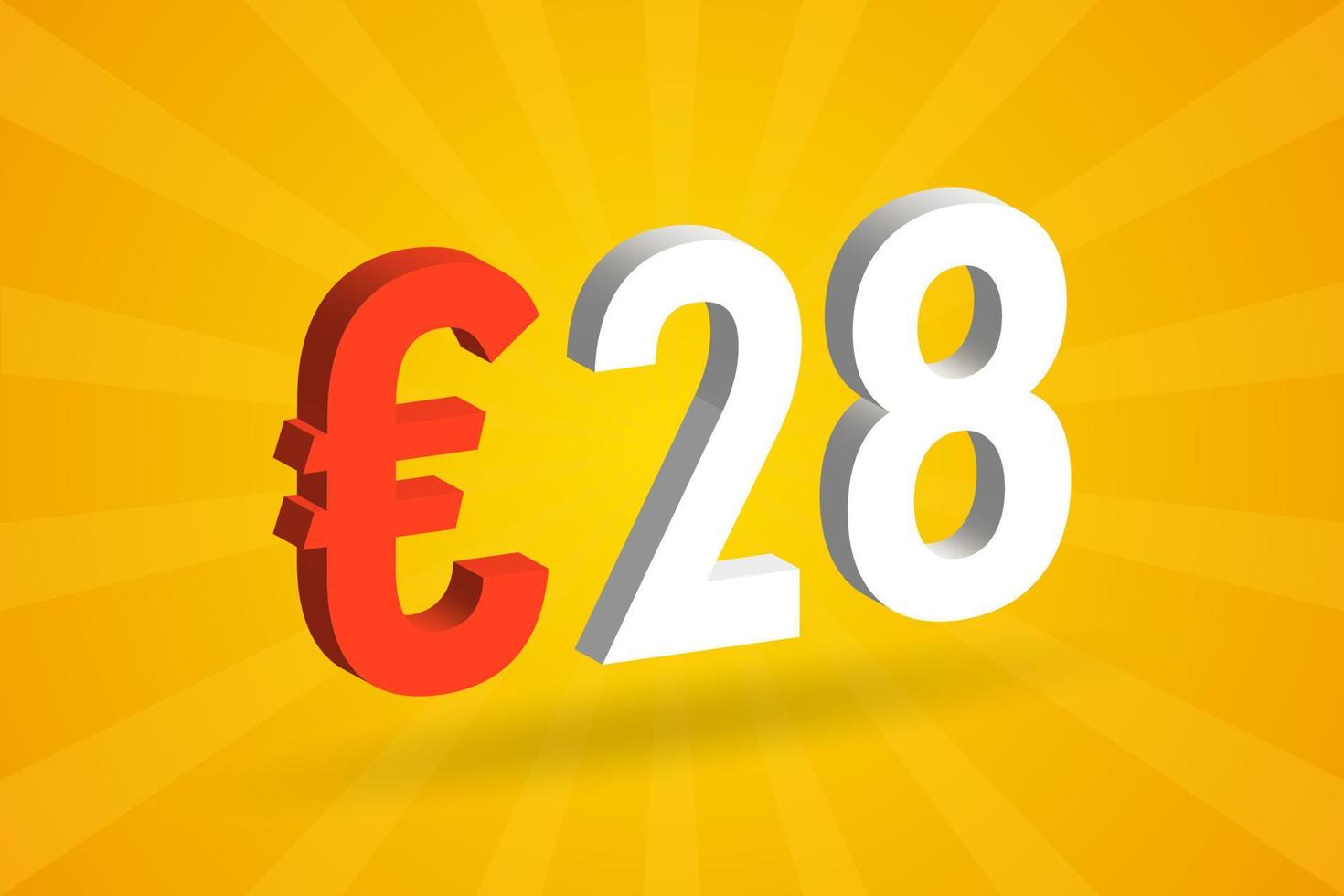 Símbolo de texto vectorial 3d de moneda de 28 euros. 3d 28 euro unión europea dinero stock vector