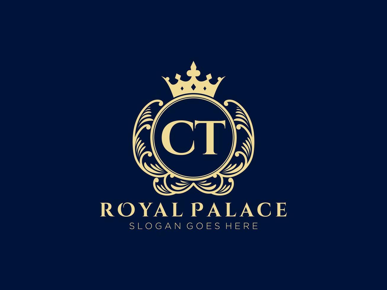 Letter CT Antique royal luxury victorian logo with ornamental frame. vector