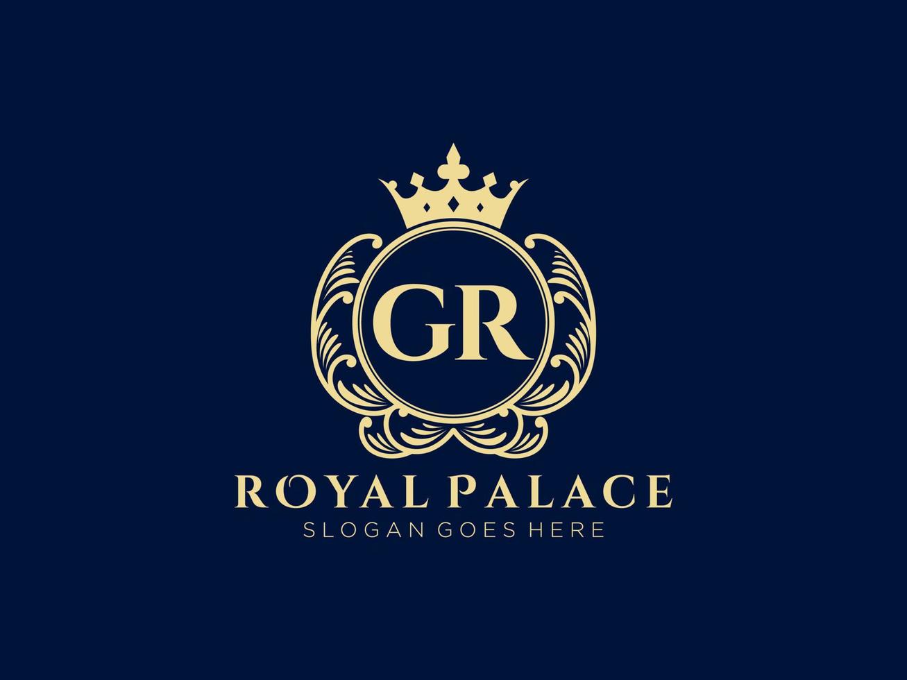 Letter GR Antique royal luxury victorian logo with ornamental frame. vector