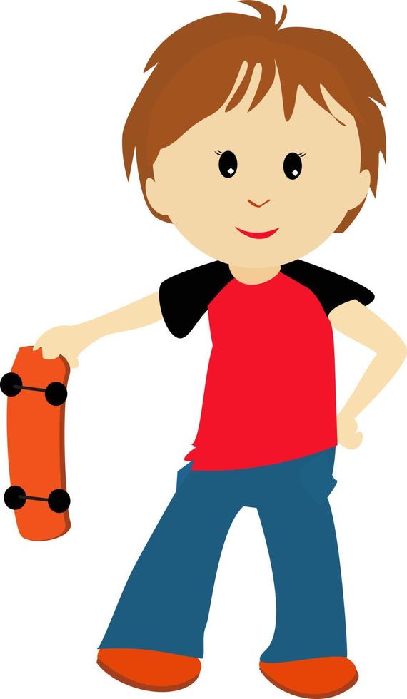 Boy with skateboard, illustration, vector on white background.
