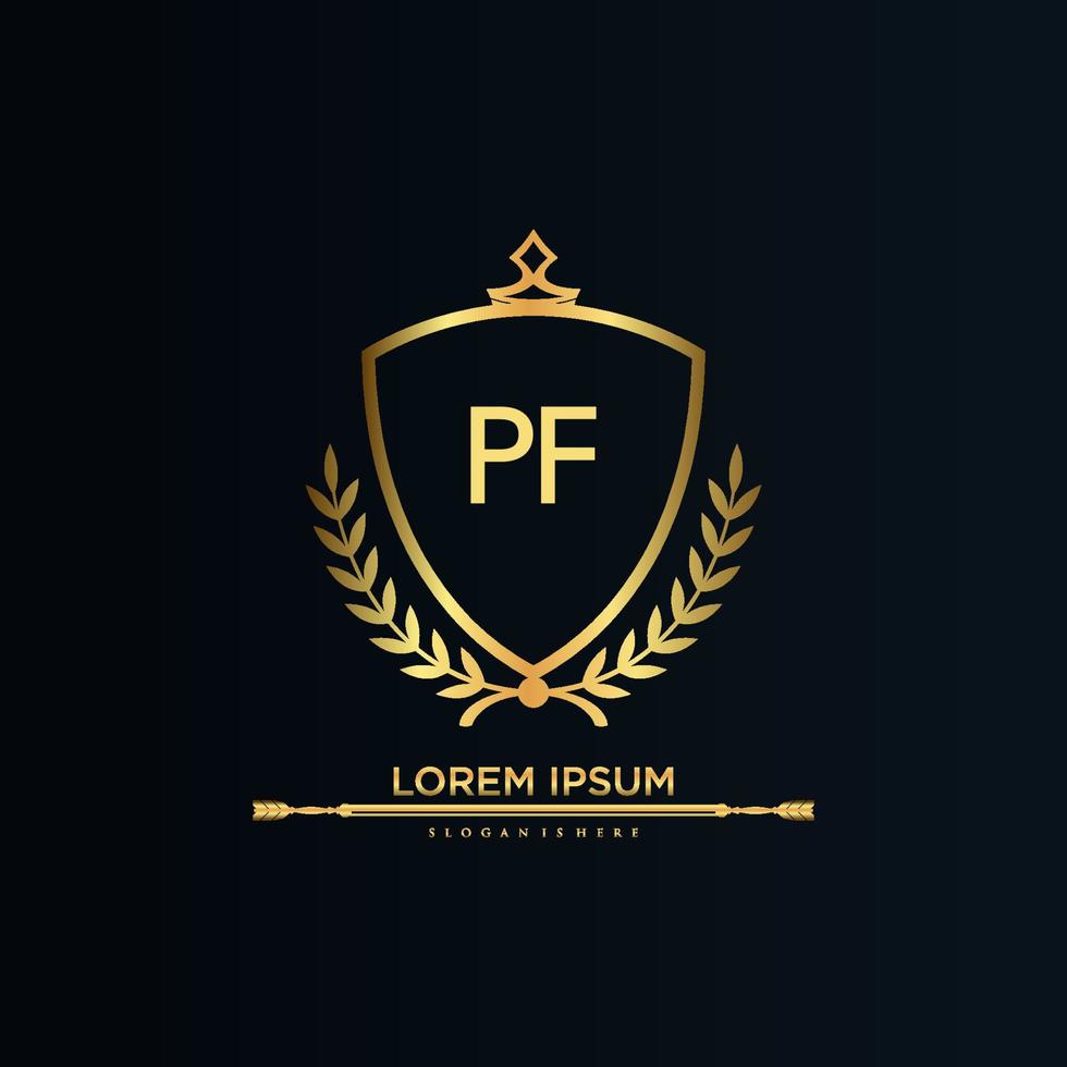PF Letter Initial with Royal Template.elegant with crown logo vector, Creative Lettering Logo Vector Illustration.