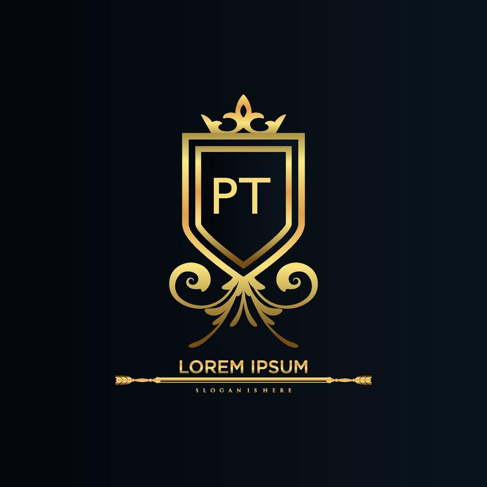 PT Letter Initial with Royal Template.elegant with crown logo vector, Creative Lettering Logo Vector Illustration.