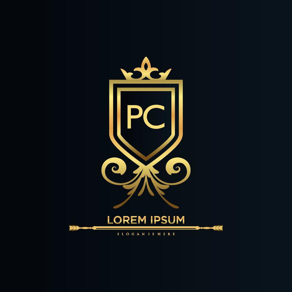 letra pc inicial con plantilla real.elegante con vector de logotipo de corona, ilustración de vector de logotipo de letras creativas.