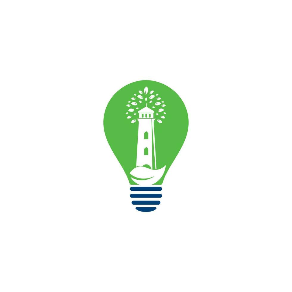 Green lighthouse bulb shape concept logo template design. Leaf and Lighthouse Logo Template vector