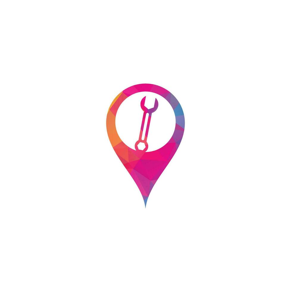 wrench map pin shape concept logo design template vector. Wrench repair logo icon with swoosh graphic element vector