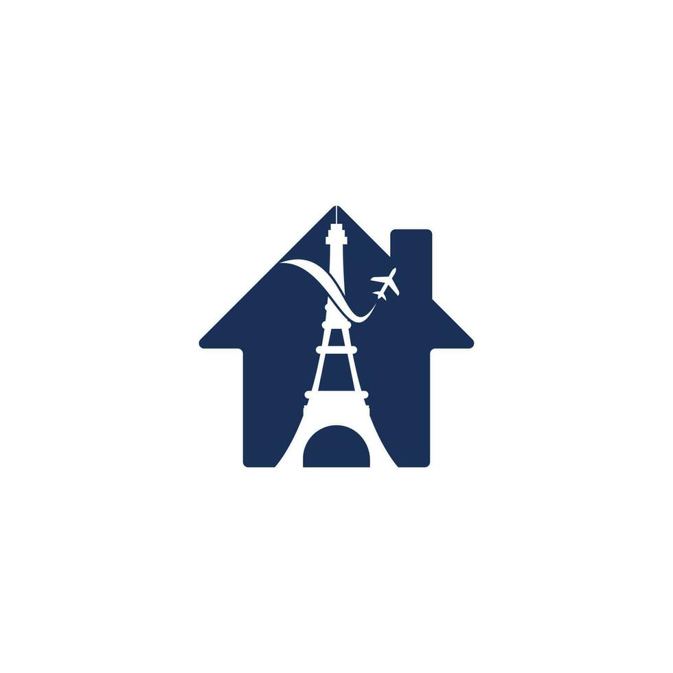 diseño de logotipo de concepto de forma de casa de viaje de francia. torre eiffel de parís con diseño de logotipo de avión para viajes vector