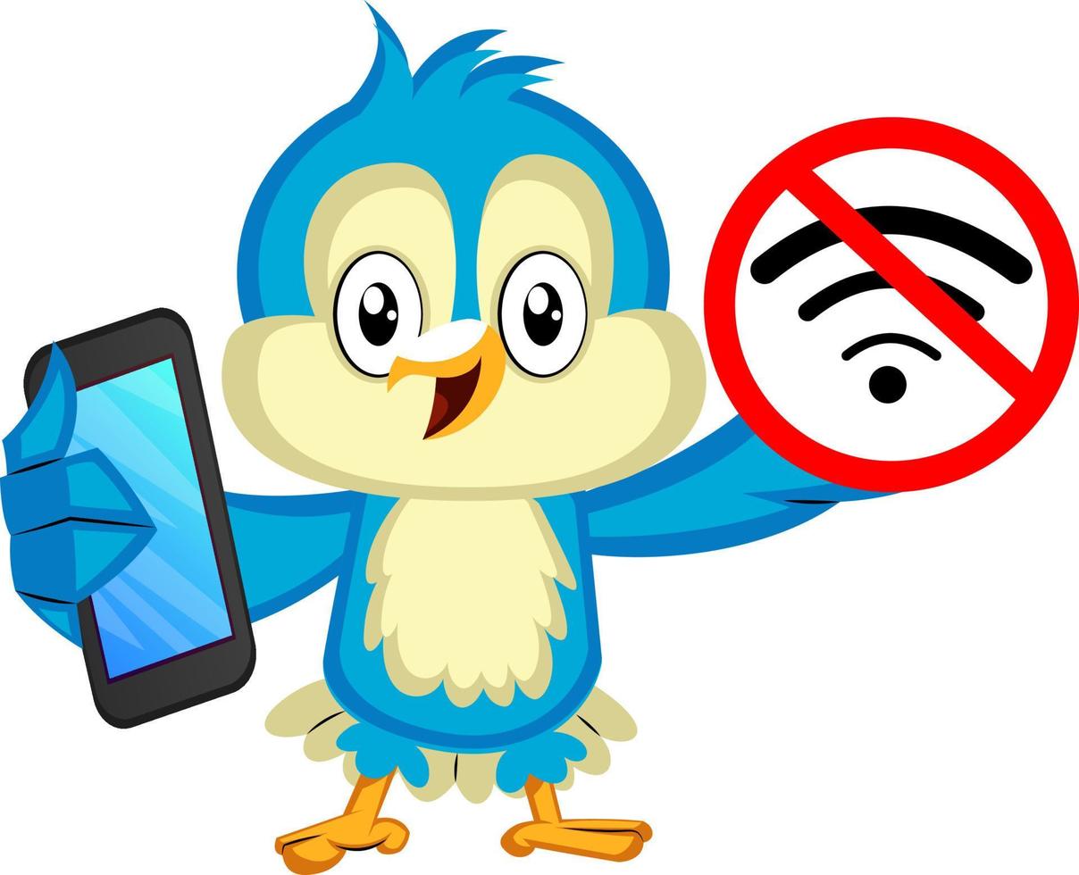 pájaro azul con teléfono y sin señal wi-fi, ilustración, vector sobre fondo blanco.