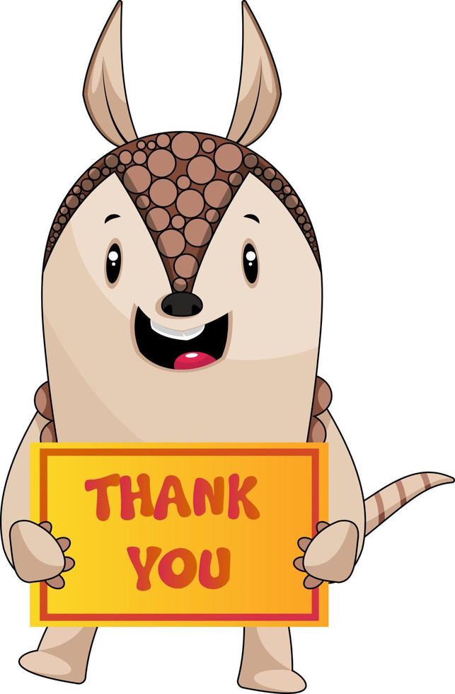 Armadillo with thank you sign, illustration, vector on white background.