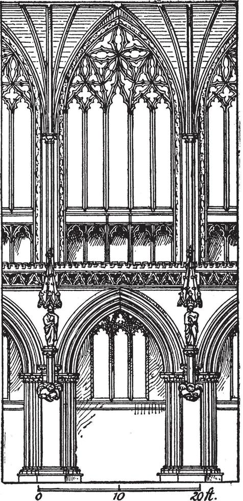 One Bay of Choir, Lichfield Cathedral, growing monastic complex,  vintage engraving. vector